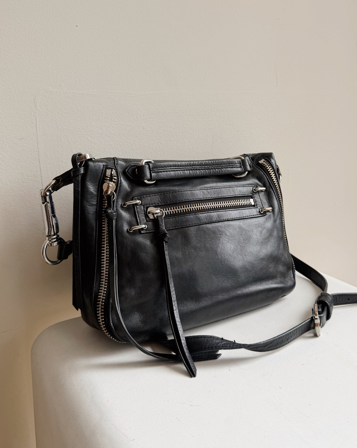 Onyx Silver Hardware Leather Crossbody Bag