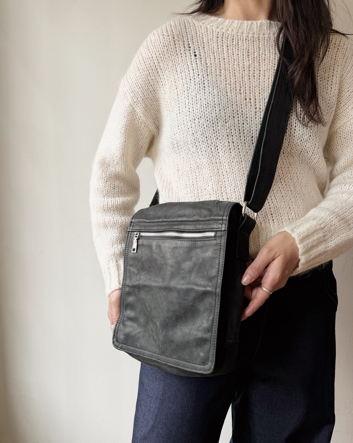 Ink Matte Black Leather Messenger Crossbody Bag