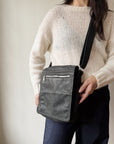 Ink Matte Black Leather Messenger Crossbody Bag