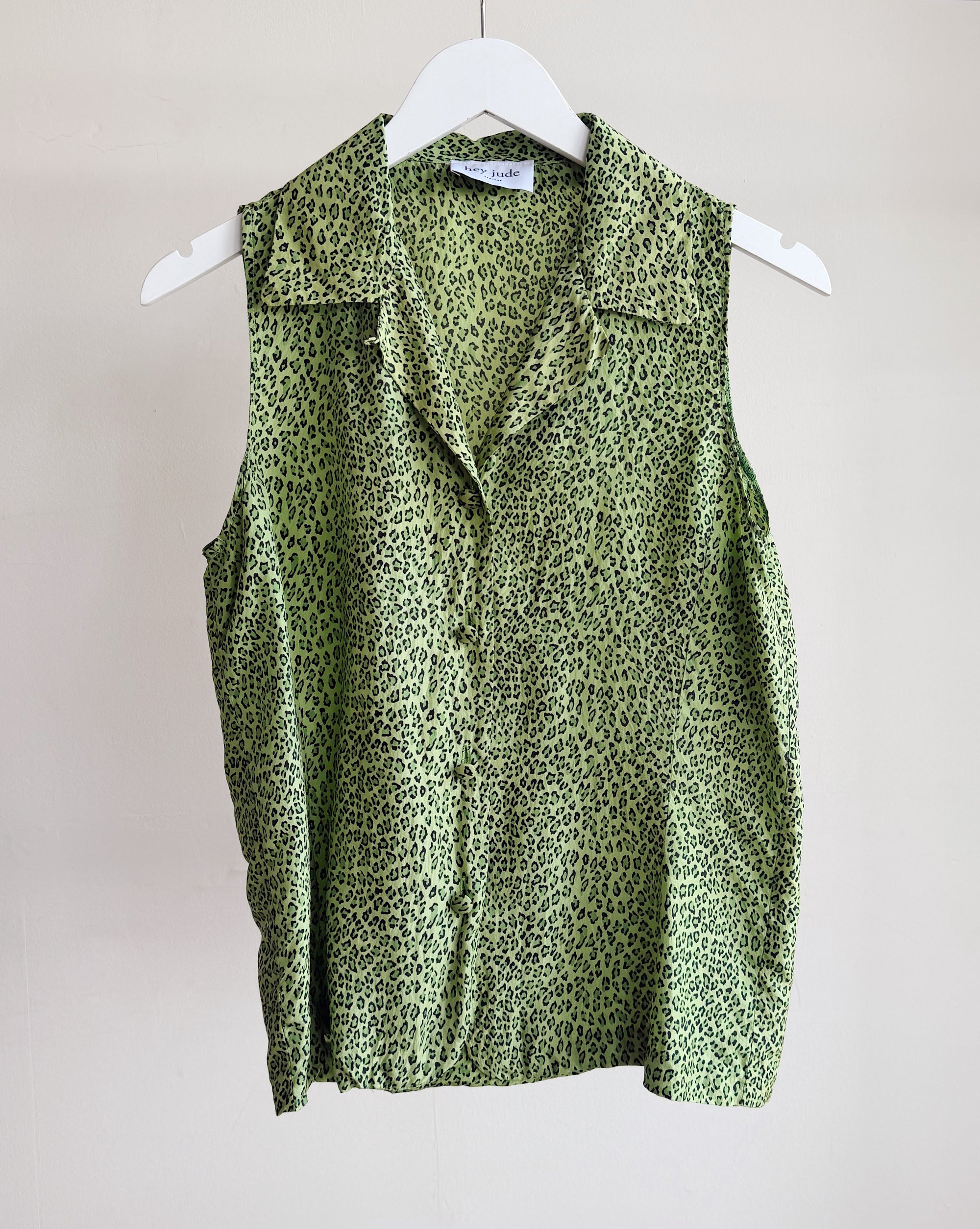 Green Leopard Silk Sleeveless Blouse