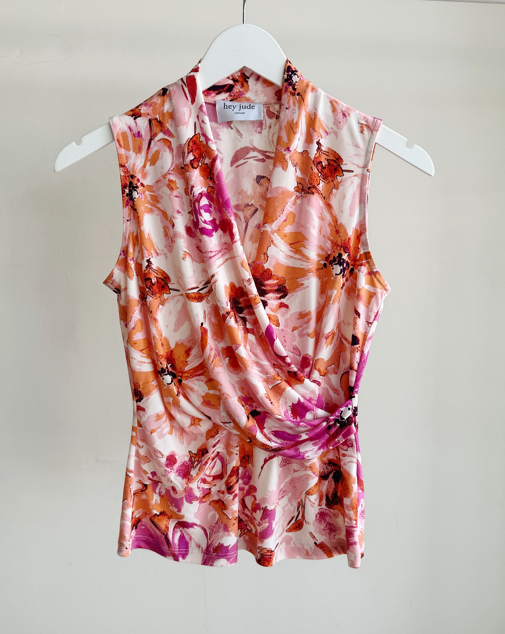 Pink Floral Draped Sleeveless Top