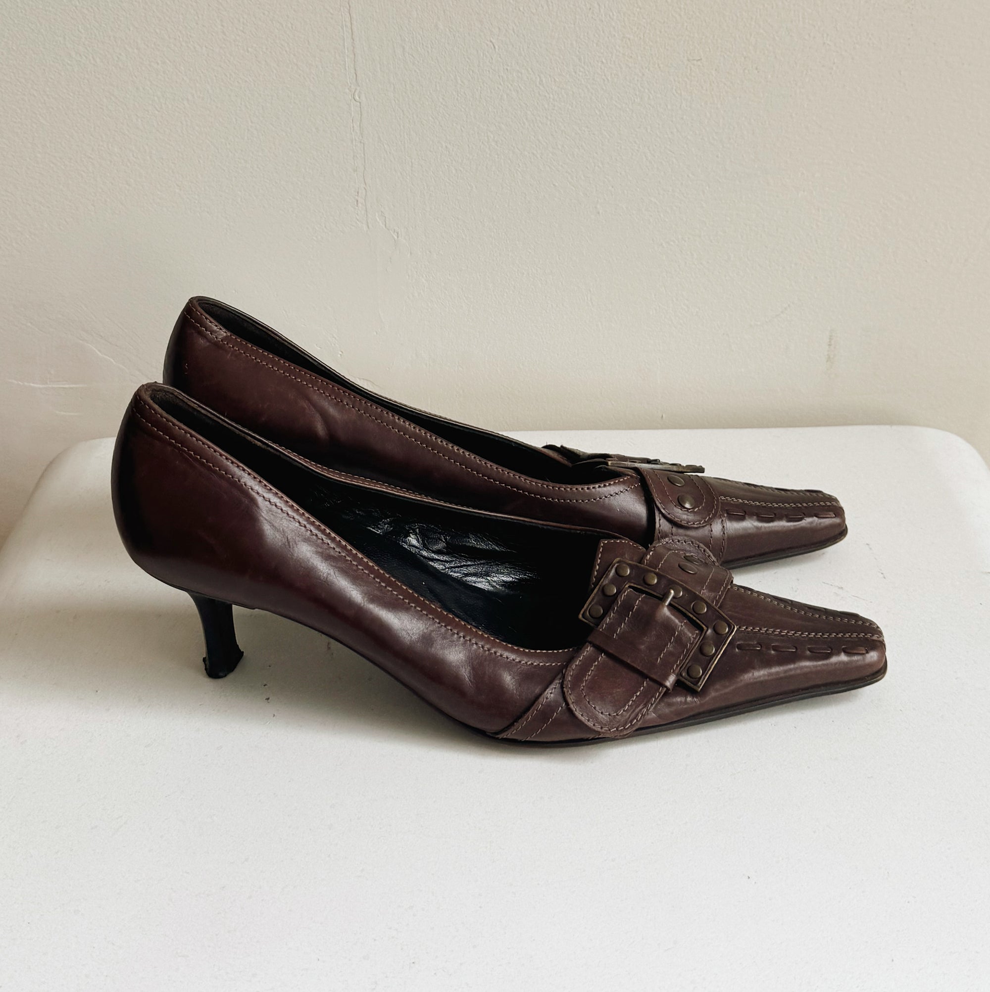 Brown Buckle Pointed Leather Pumps | Size 7