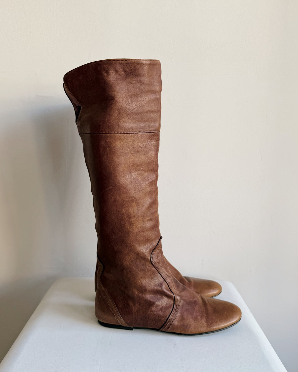 Cognac Leather Tall Flat Boots | Size 39