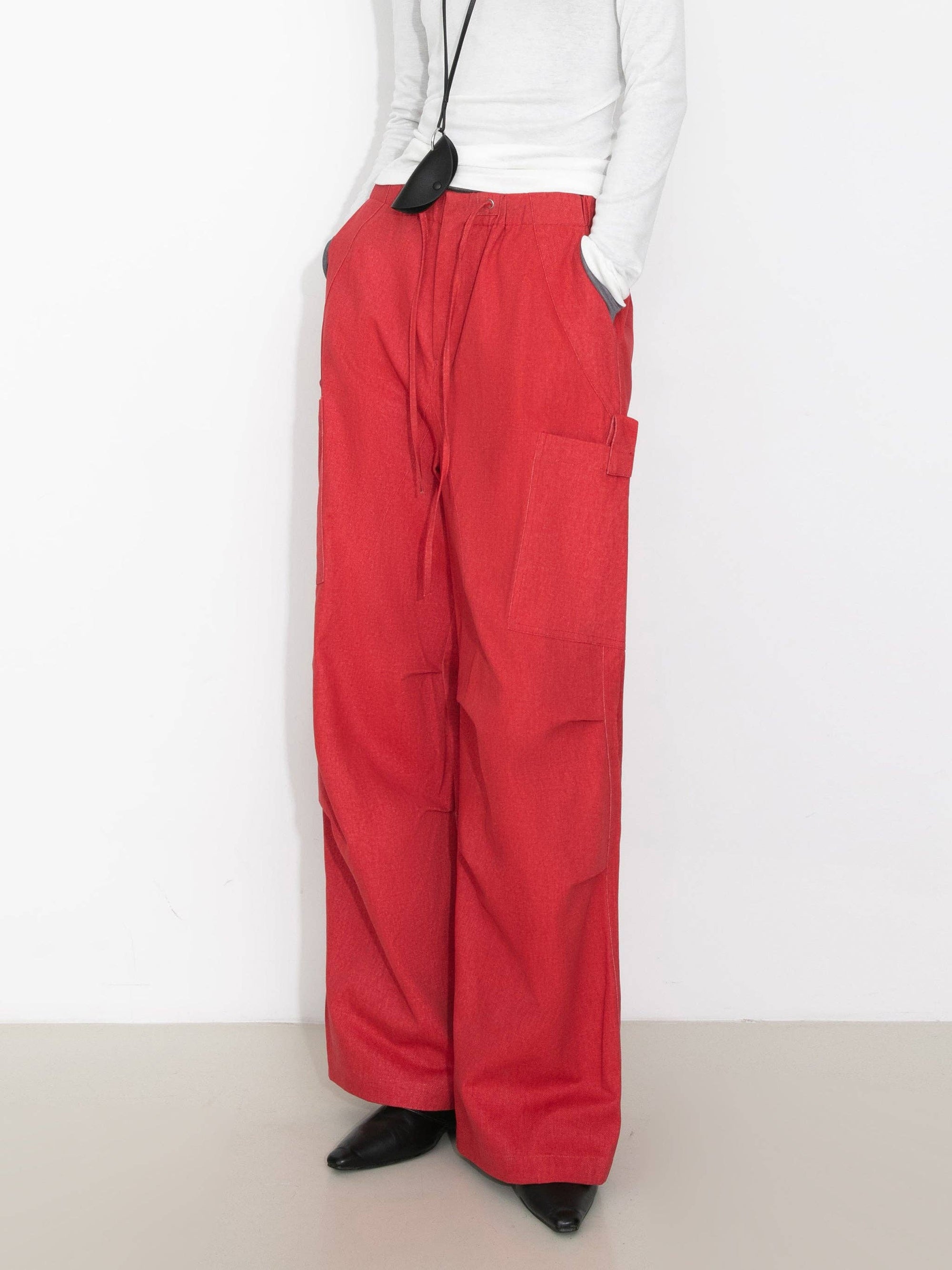 CUBIC - Relaxed Draped Straight-Leg Utility Pants: Red / M - Hey Jude