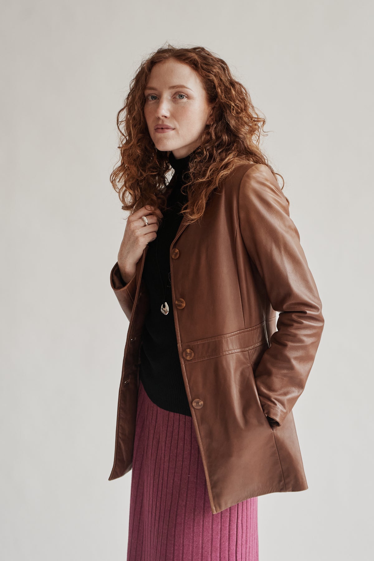 Cognac Leather Midi Jacket