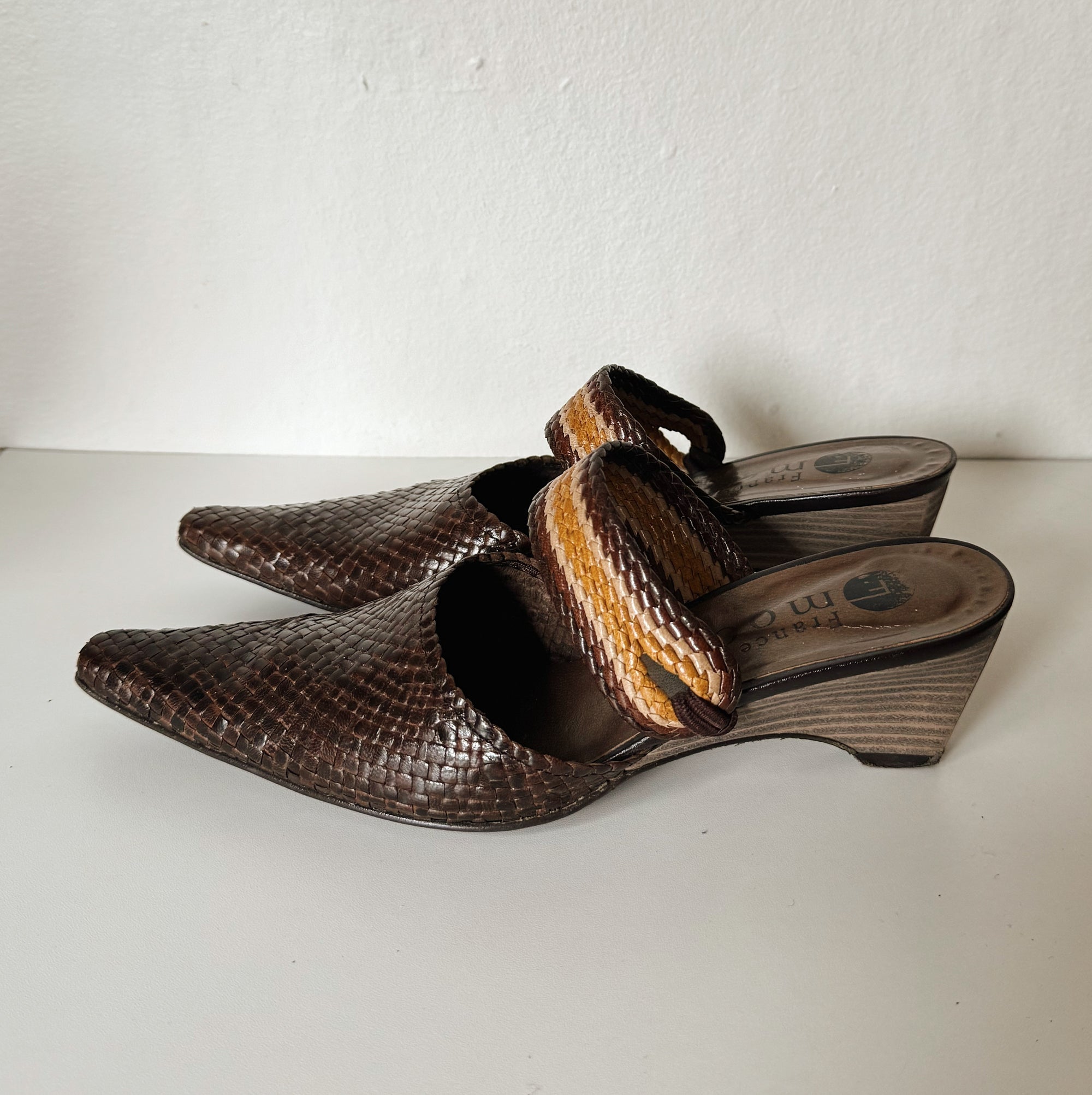 Mixed Brown Woven Leather Wedge Mule | Size 36 - Hey Jude