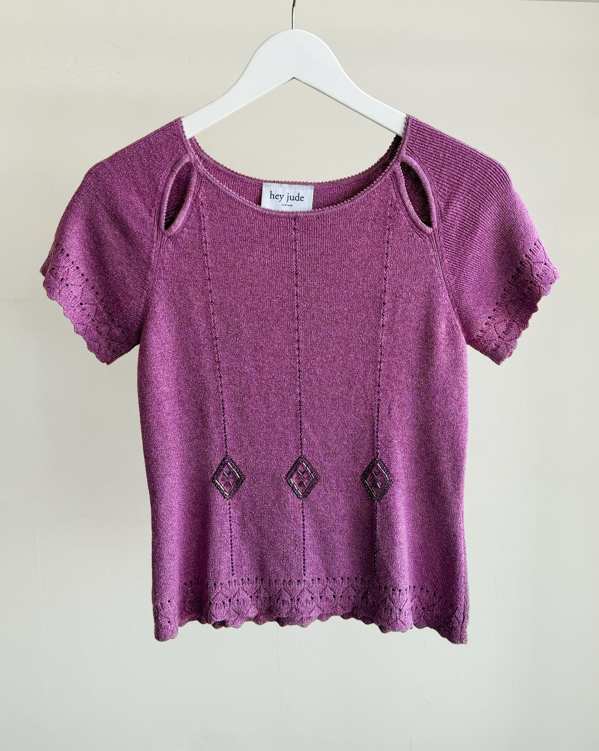 Fuchsia Pointelle Silk Knit Beaded Tee