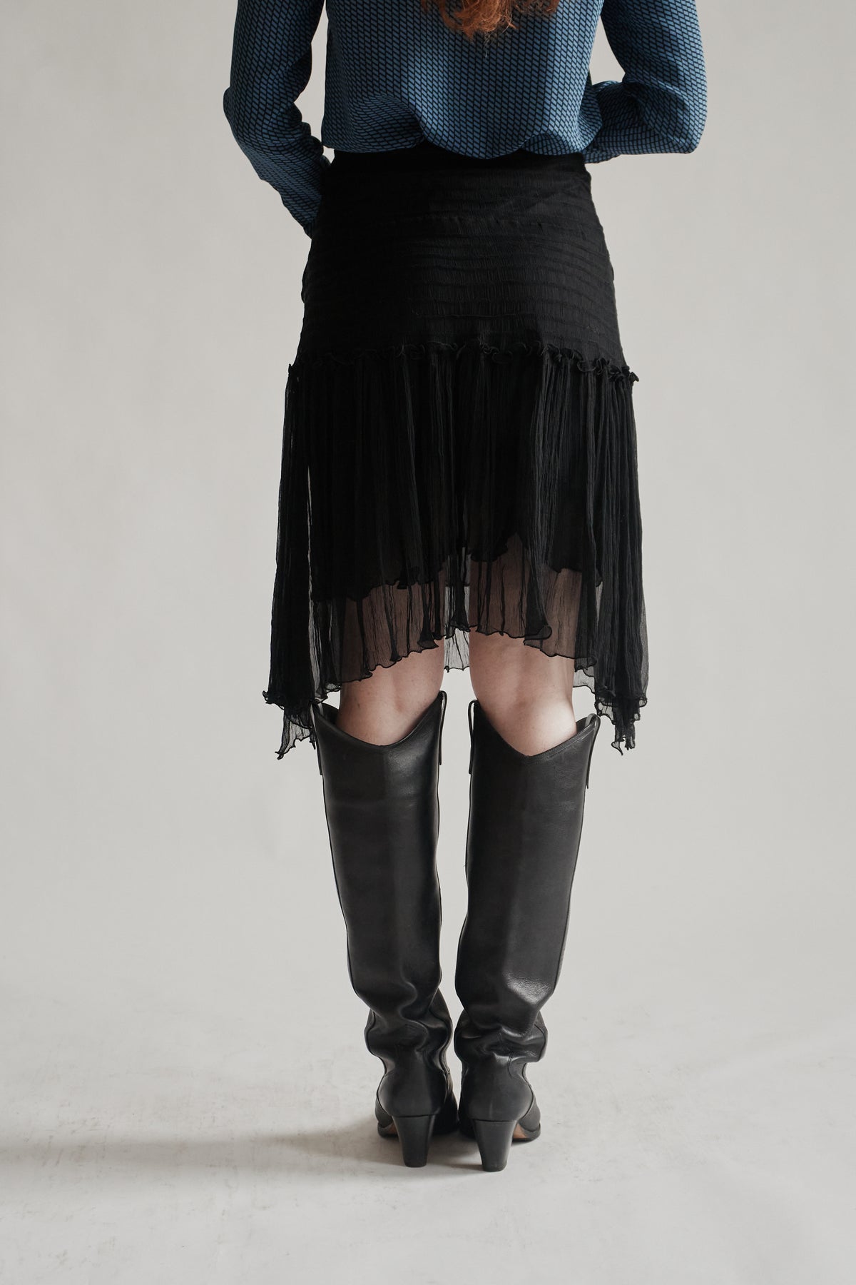 Ink Silk Sheer Plisse Midi Skirt