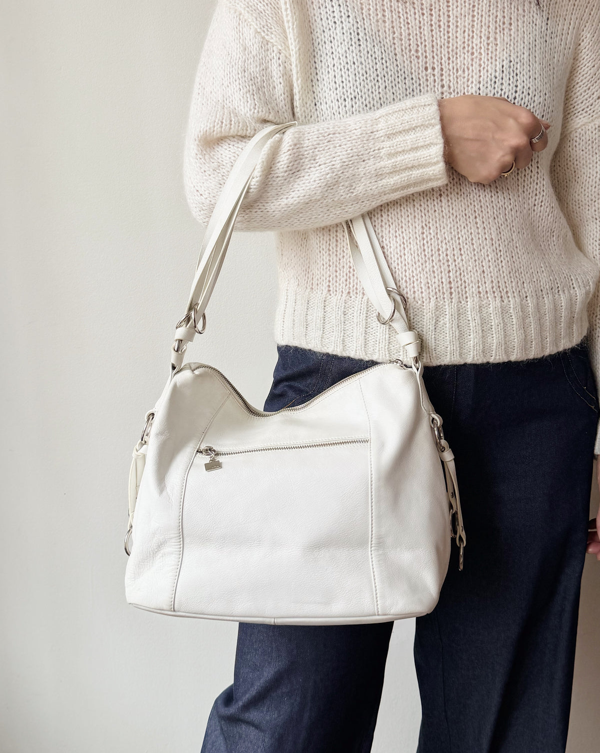 White Multi-Pocket Leather Shoulder Bag