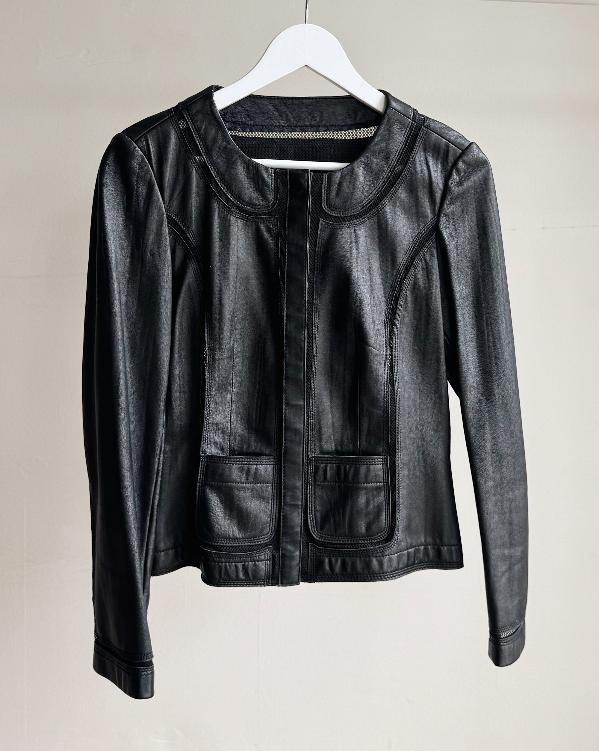 Black Round Collar Leather Jacket