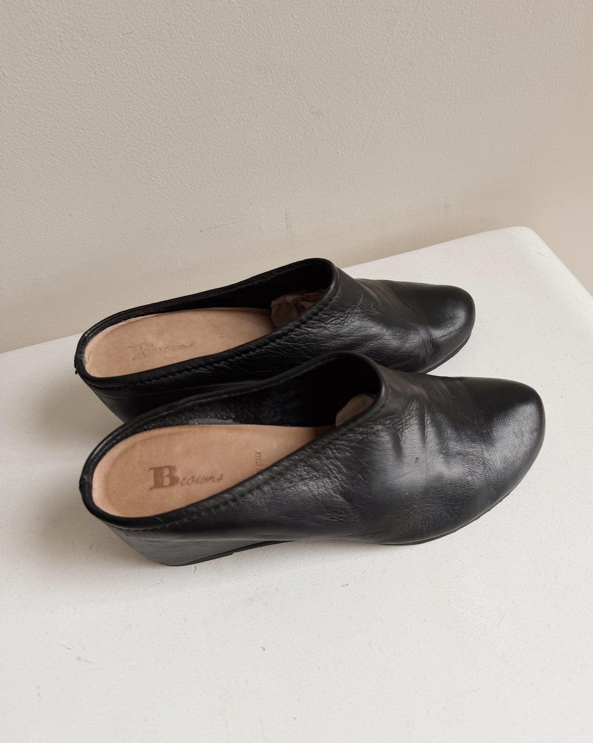 Black Leather Wedge Mules | Size 36