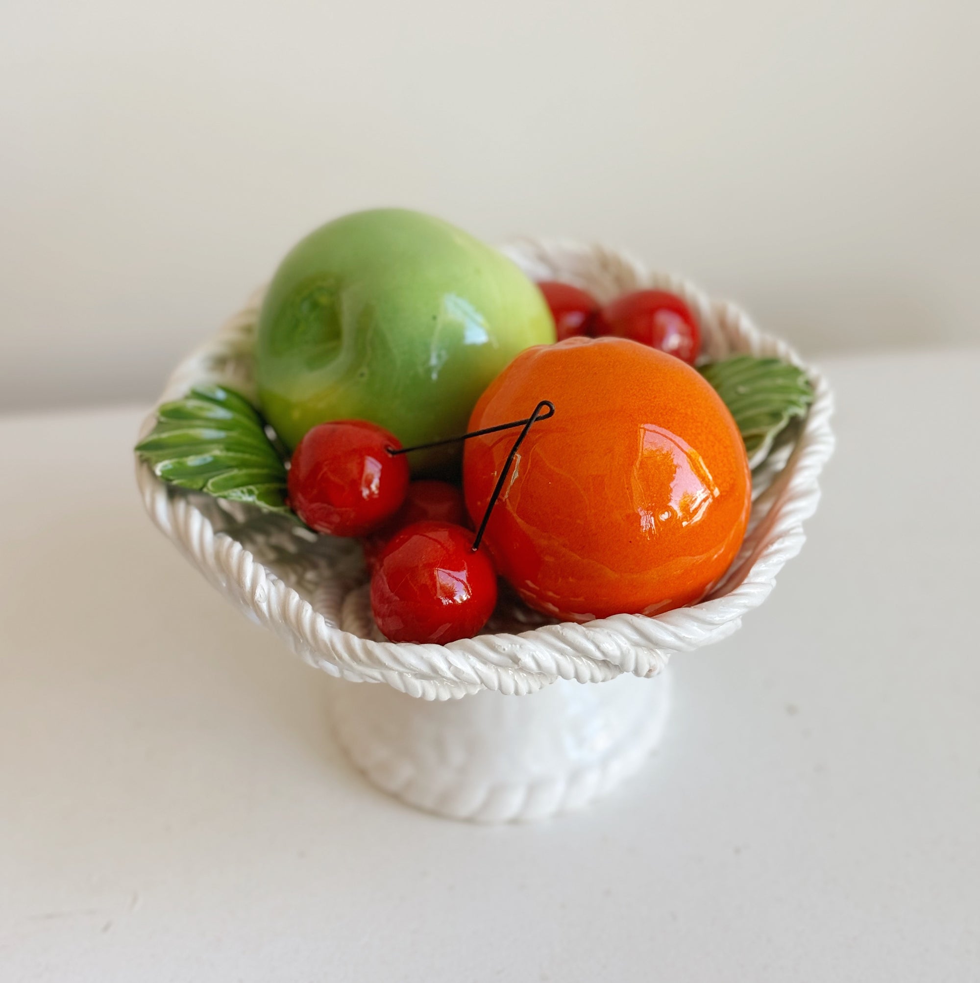 Italian Ceramic Woven Pedestal Fruit Basket