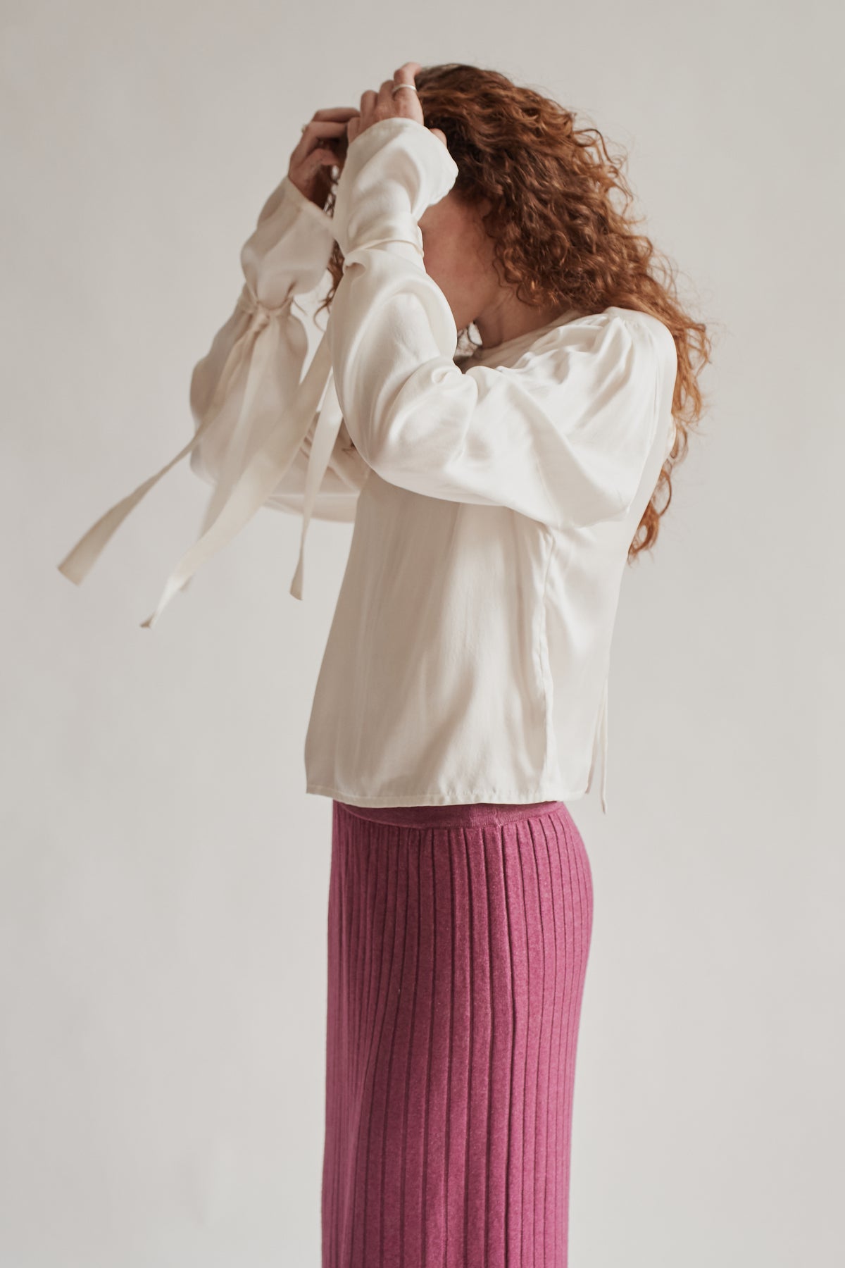 Ivory Draped Silk Tie Blouse