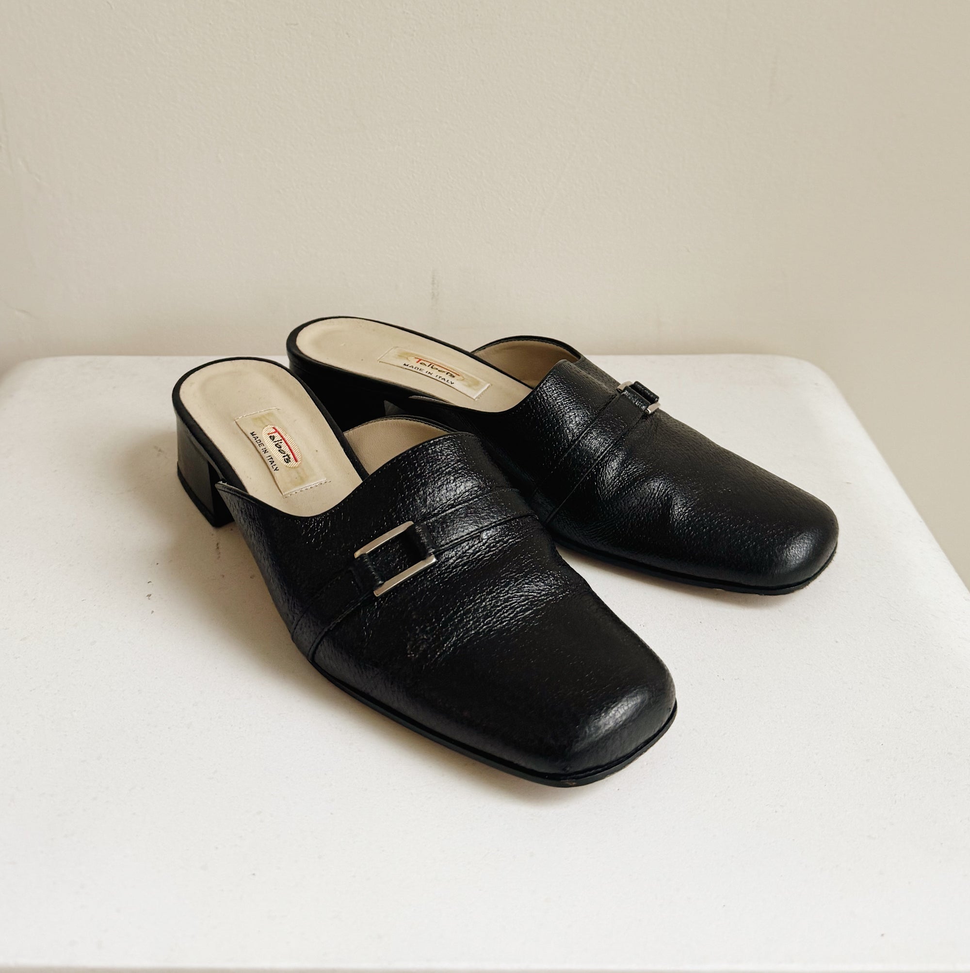 Black Leather Buckle Mules | Size 7