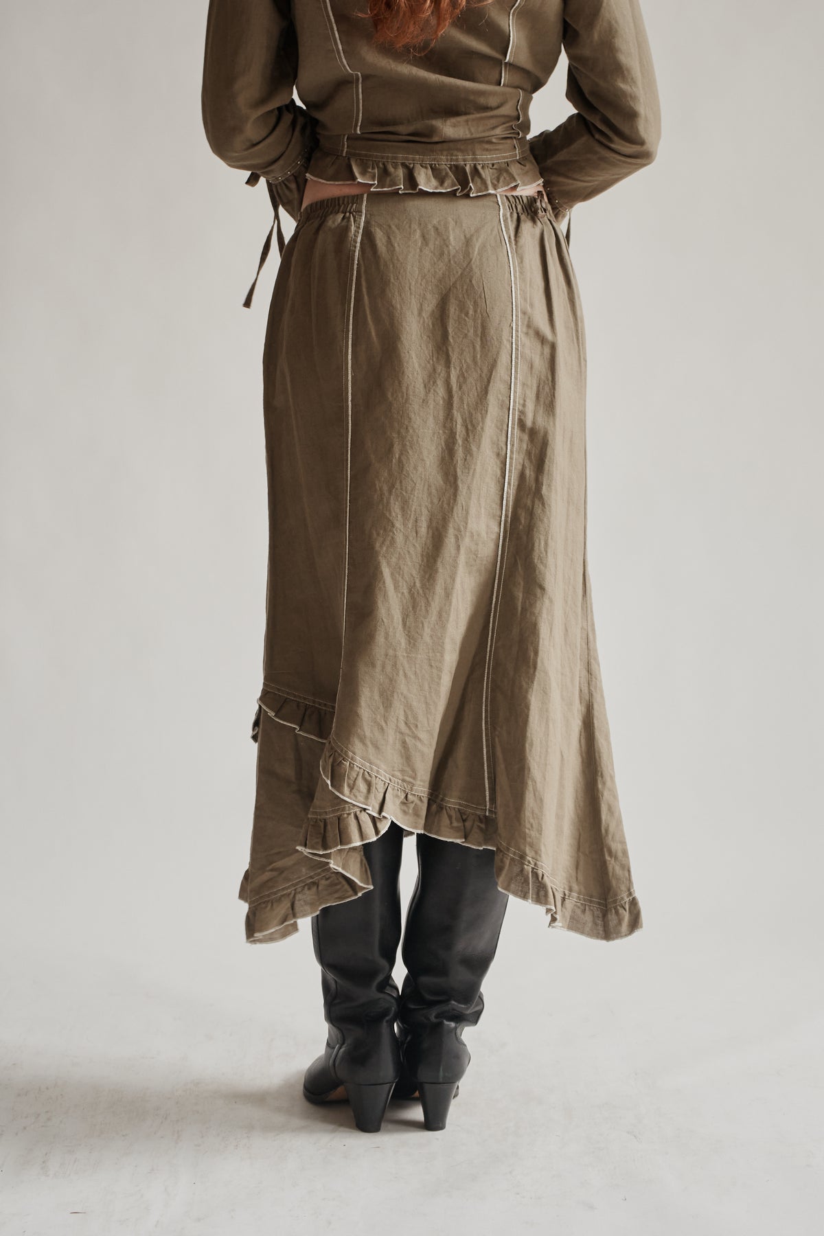 Moss Cotton Linen Ruffle Maxi Skirt