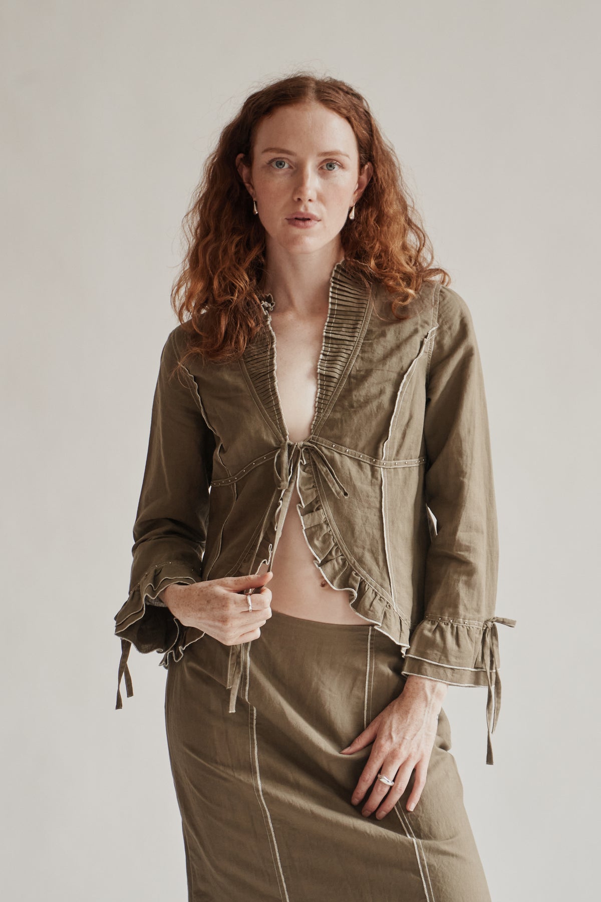 Moss Cotton + Linen Studded Pleated Jacket