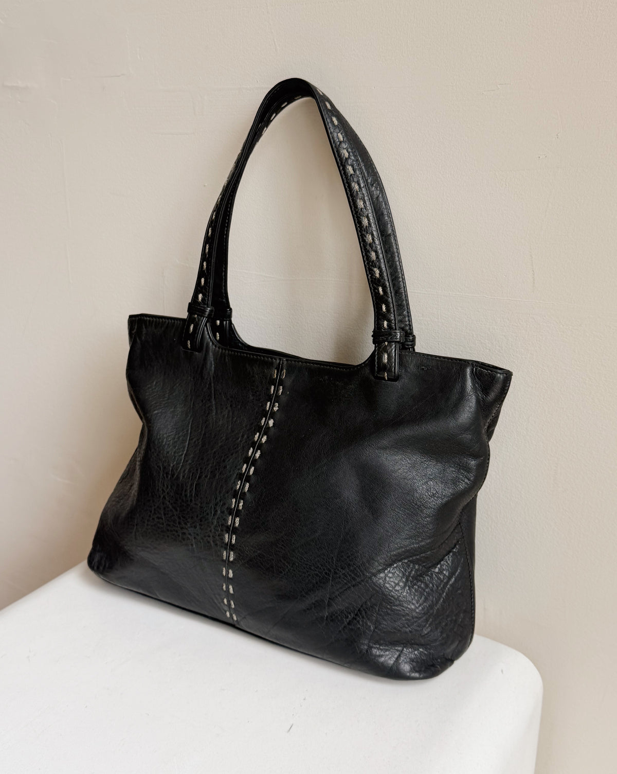 Soft Black Whipstitch Shoulder Tote