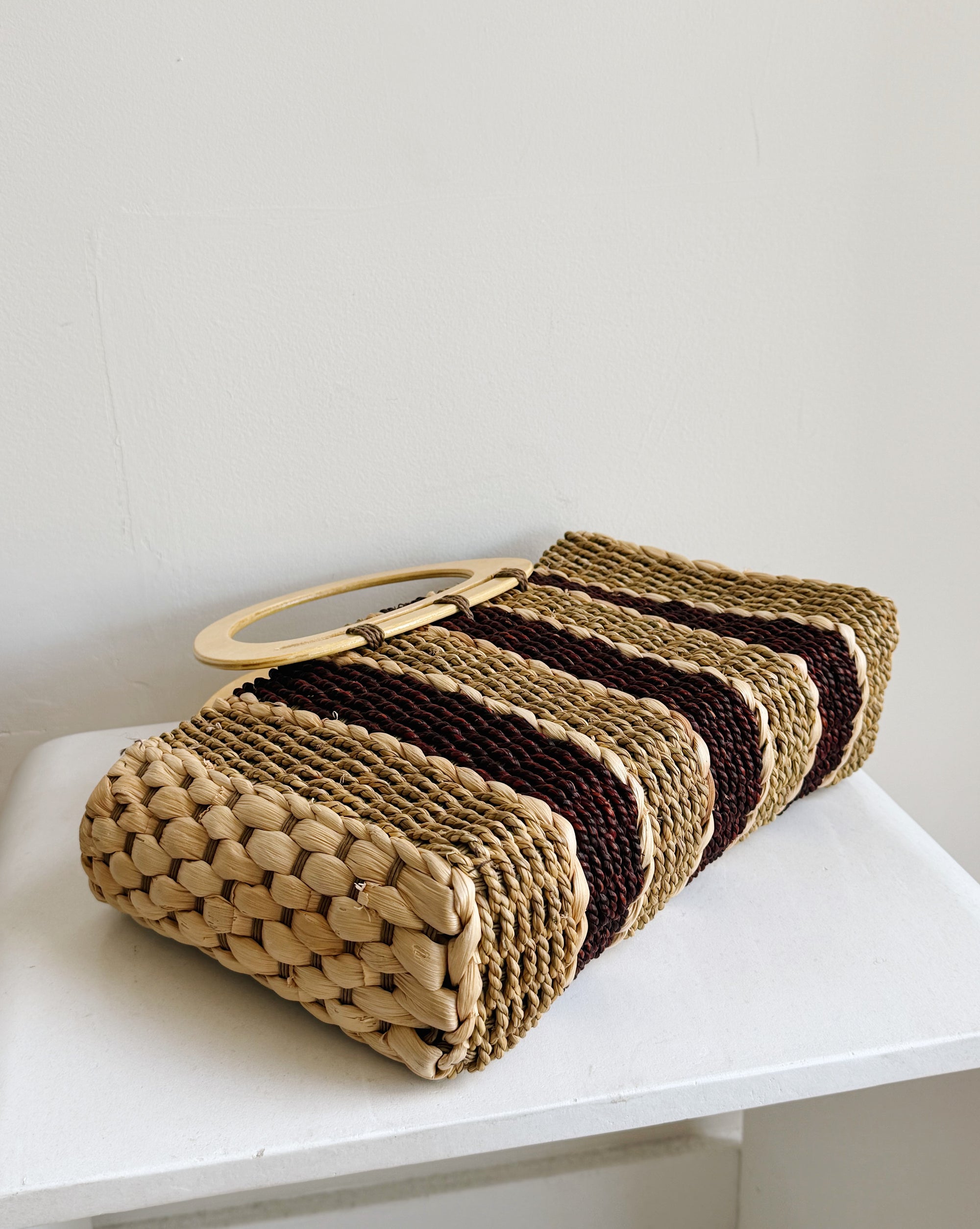 Burgundy Striped Woven Straw Handbag