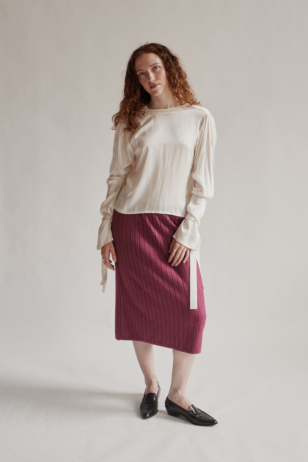 Ivory Draped Silk Tie Blouse