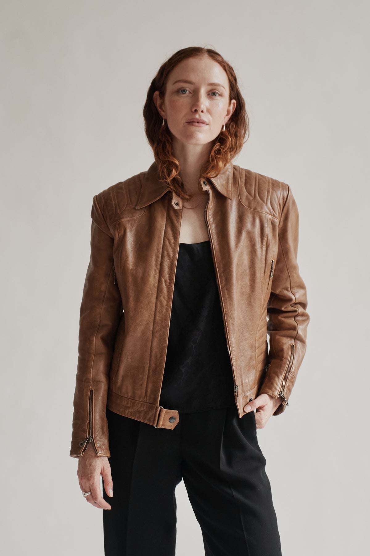 Caramel Structured Leather Moto Jacket