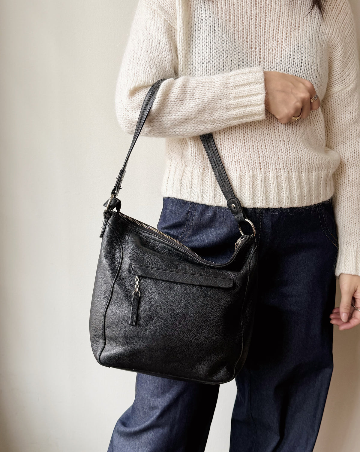 Black Pebbled Leather Shoulder Bag