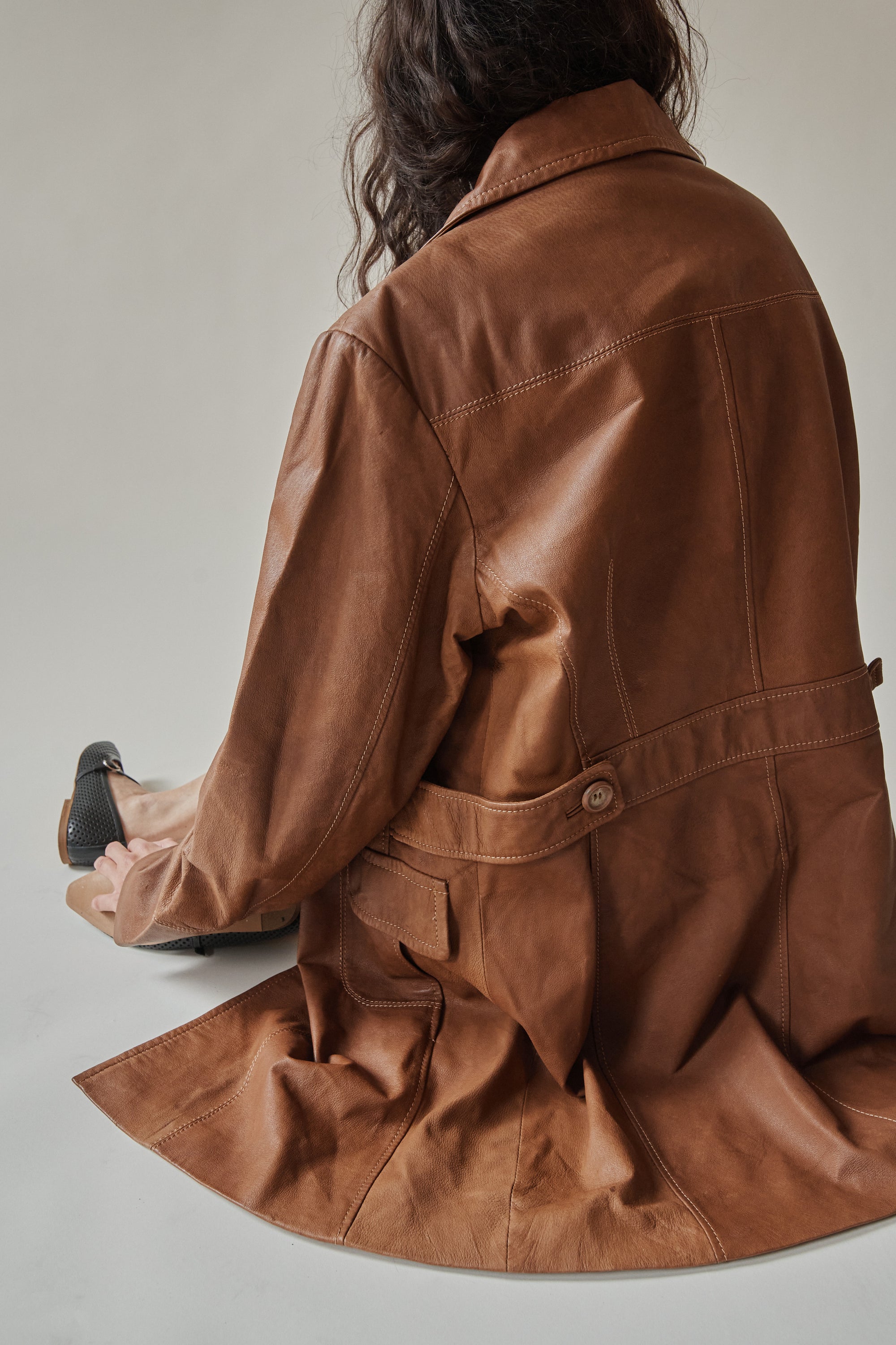 Teak Leather Contrast Stitch Midi Jacket