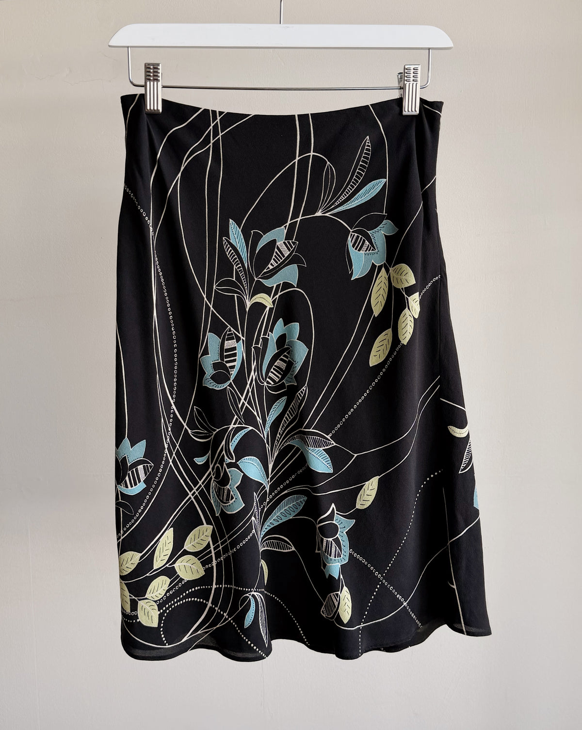Navy Floral Print Silk Skirt