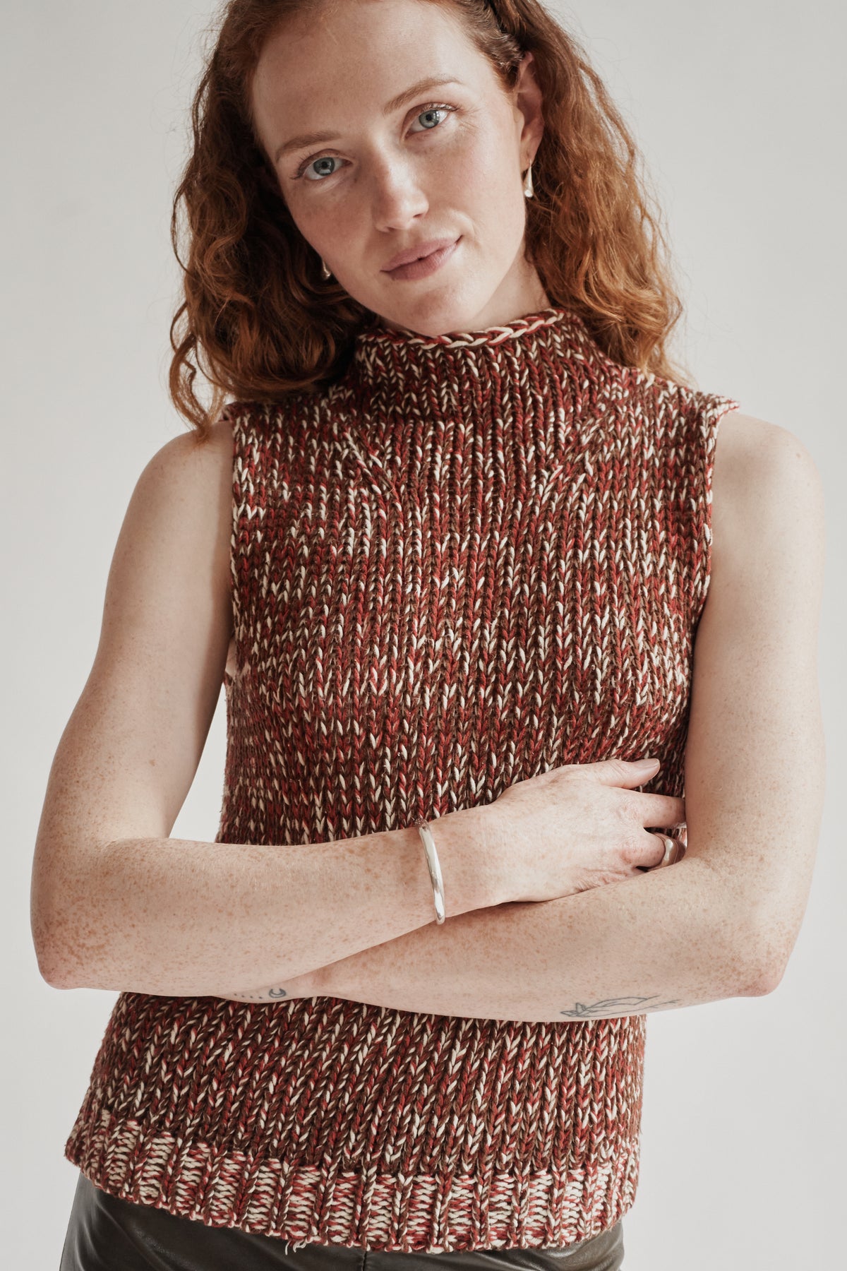 Red Marled Cotton Loose Knit Mockneck