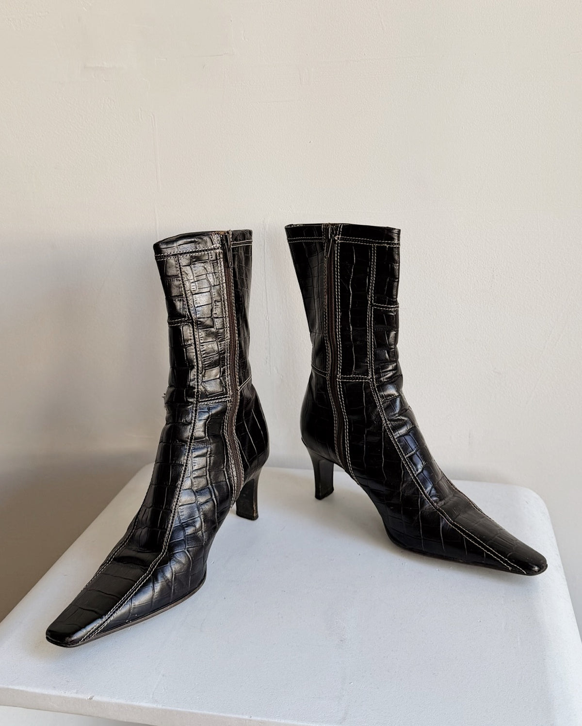 Black Croc-Embossed Leather Ankle Boots | Size 6
