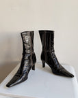 Black Croc-Embossed Leather Ankle Boots | Size 6