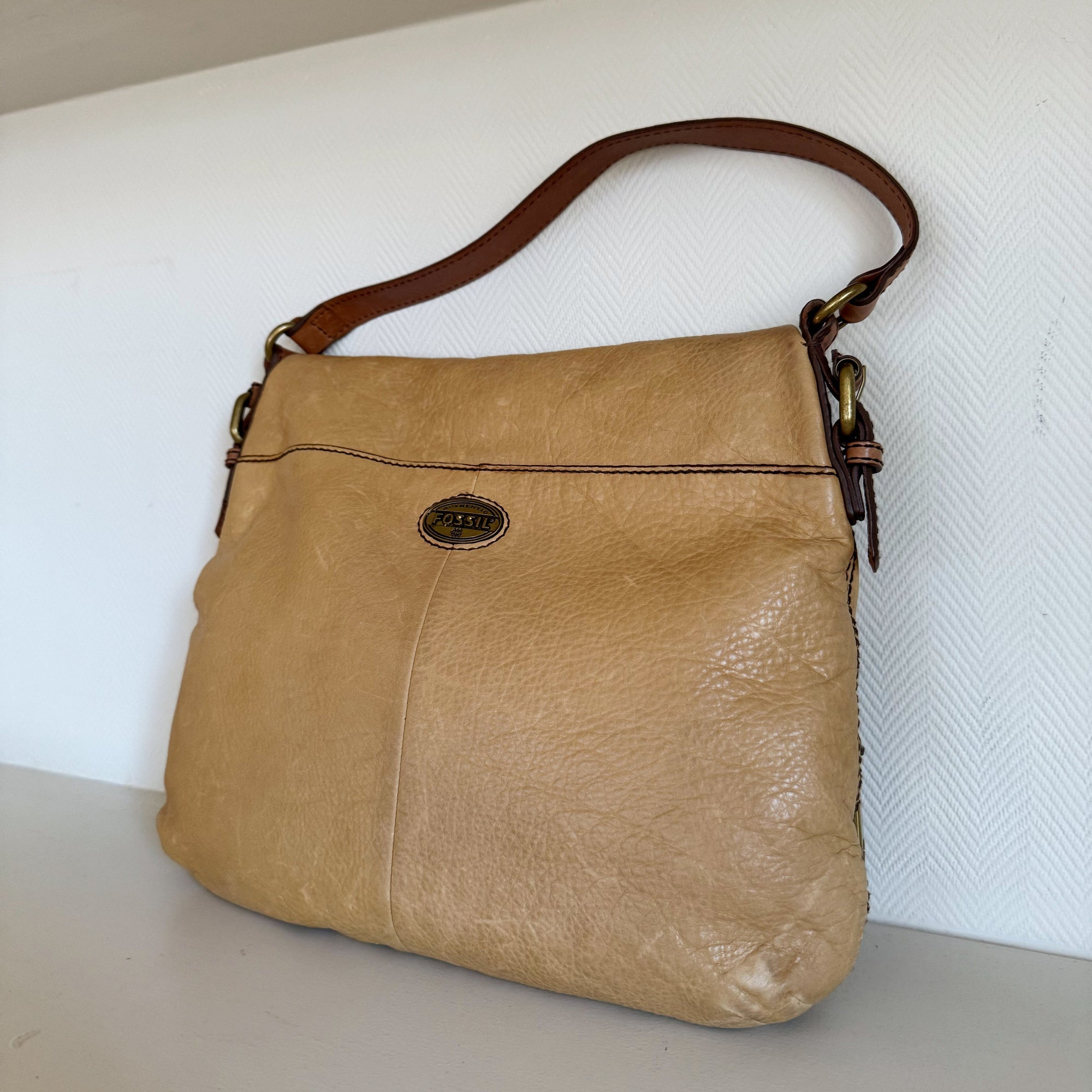 Tan Foldover Leather Shoulder Bag