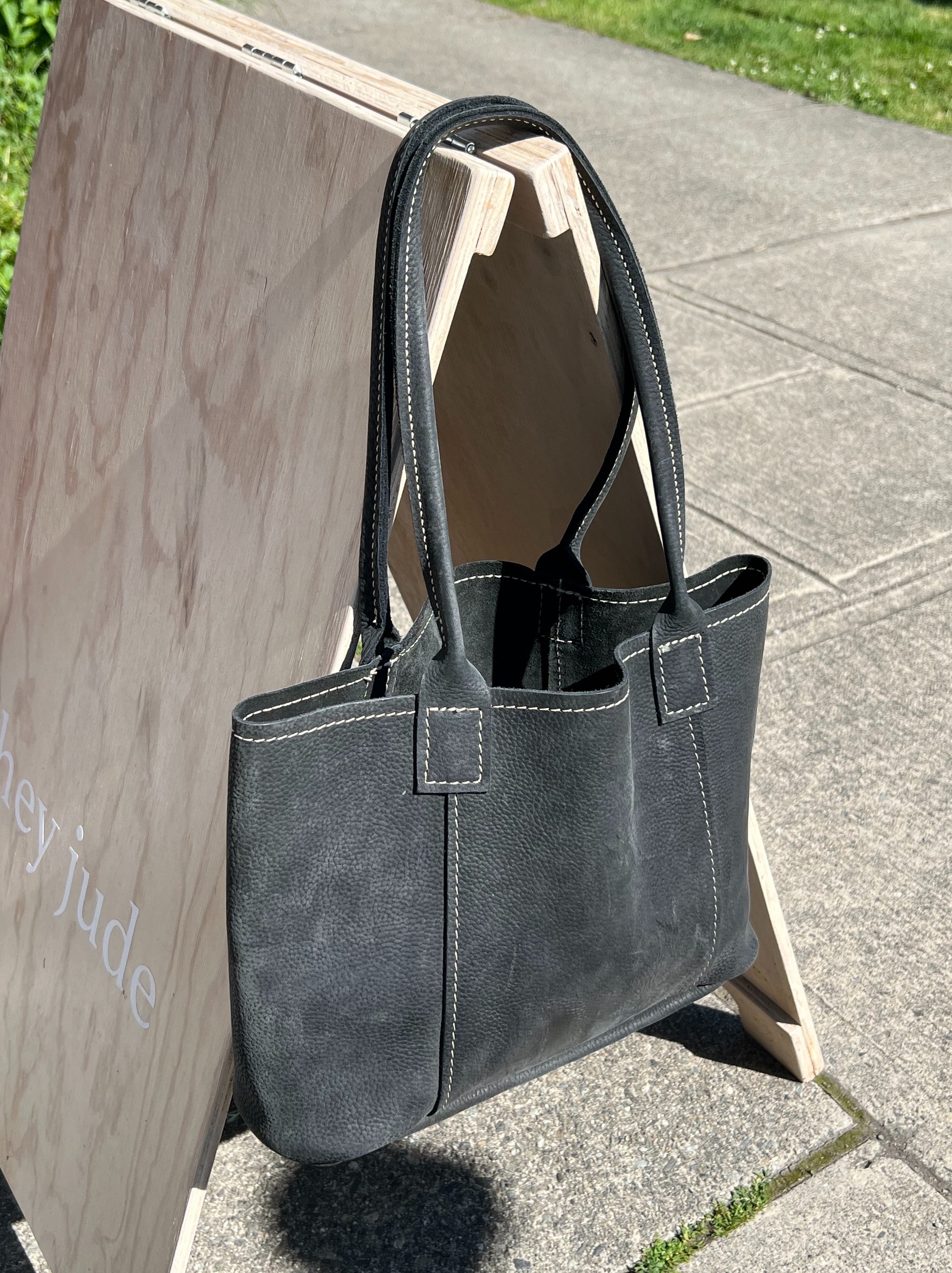 Charcoal Whipstitch Pebbled Leather Tote