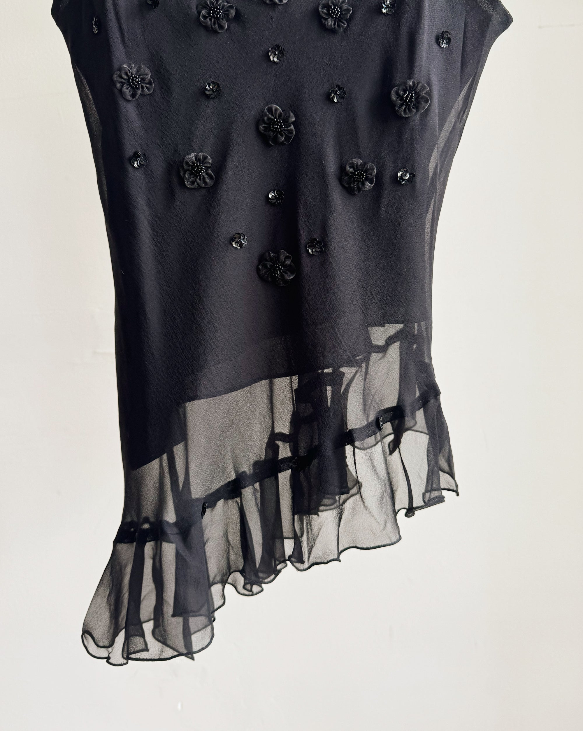 Black Beaded Asymmetrical Silk Tank