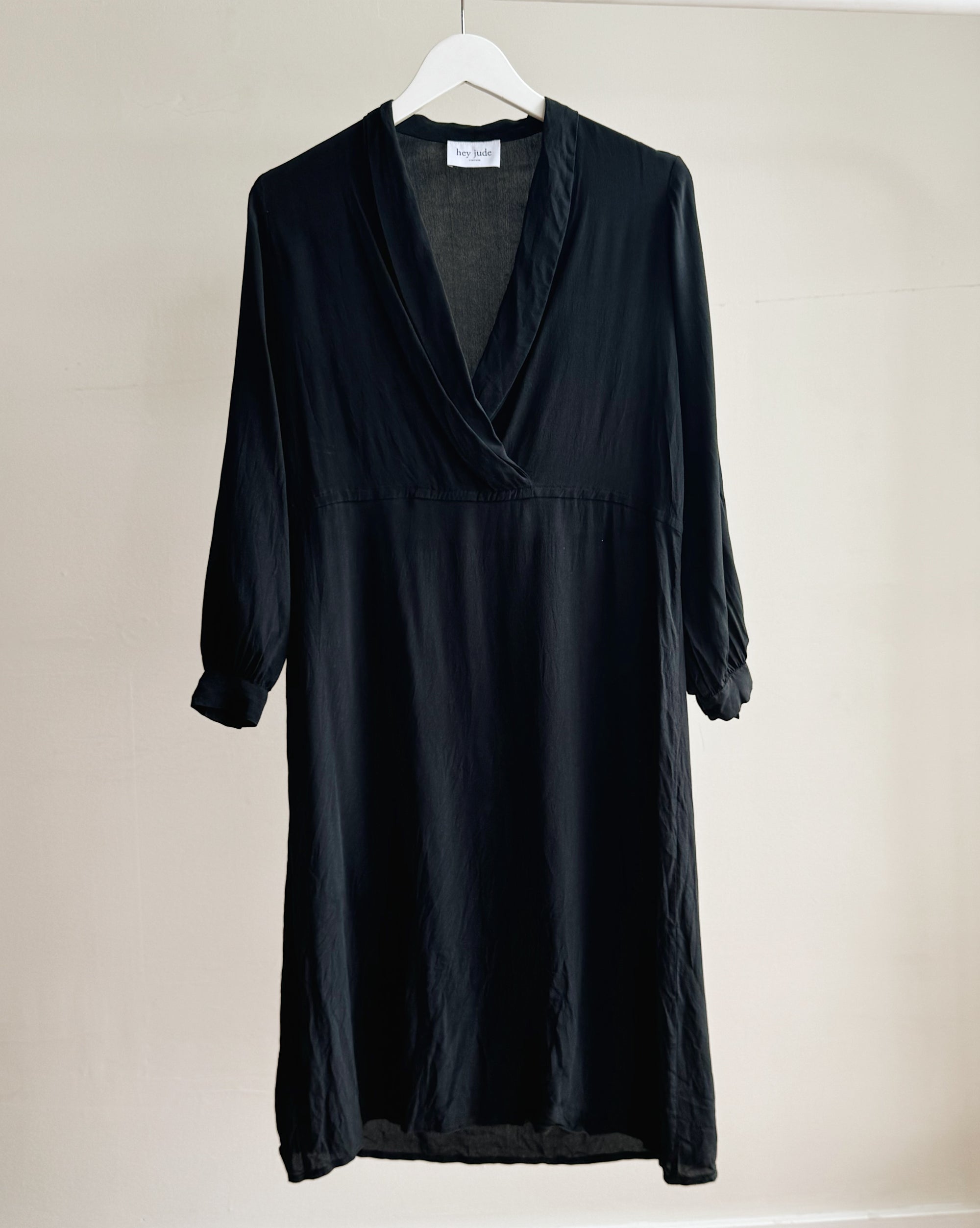 Black Draped Silk V-Neck Dress