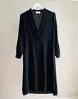 Black Draped Silk V-Neck Dress