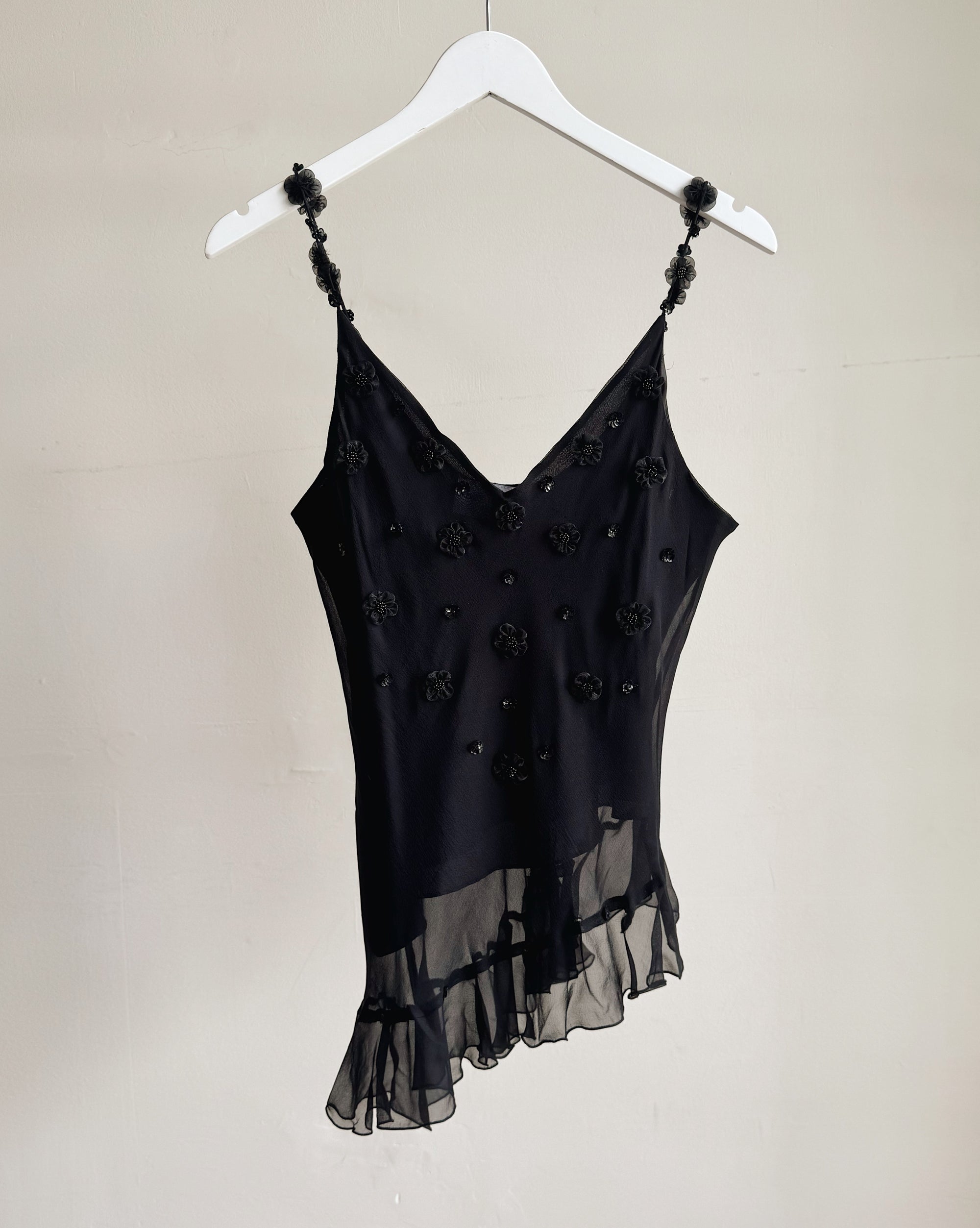 Black Beaded Asymmetrical Silk Tank