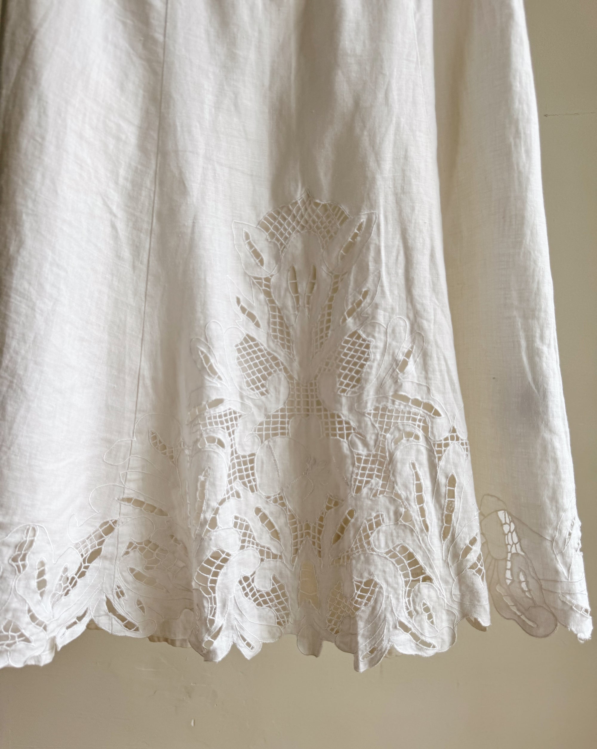 White Linen Cutwork Midi Skirt