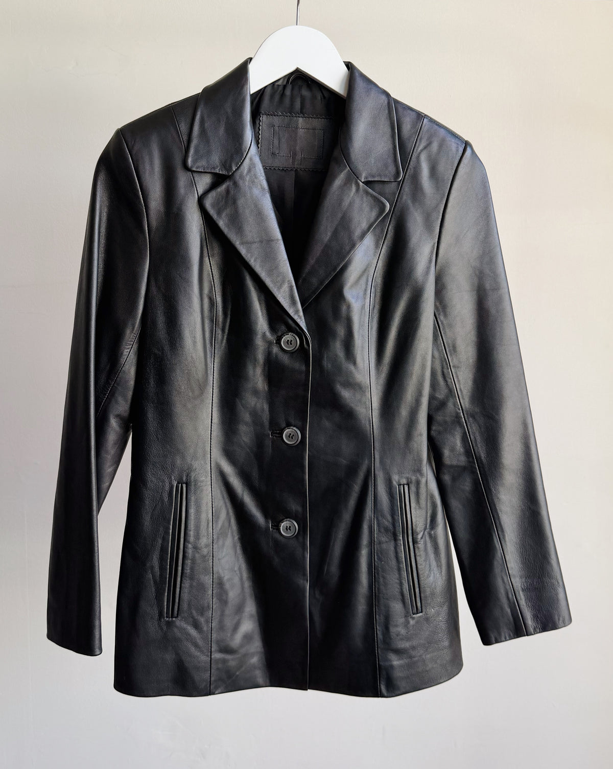 Black Leather 3-Button Blazer Jacket - Hey Jude
