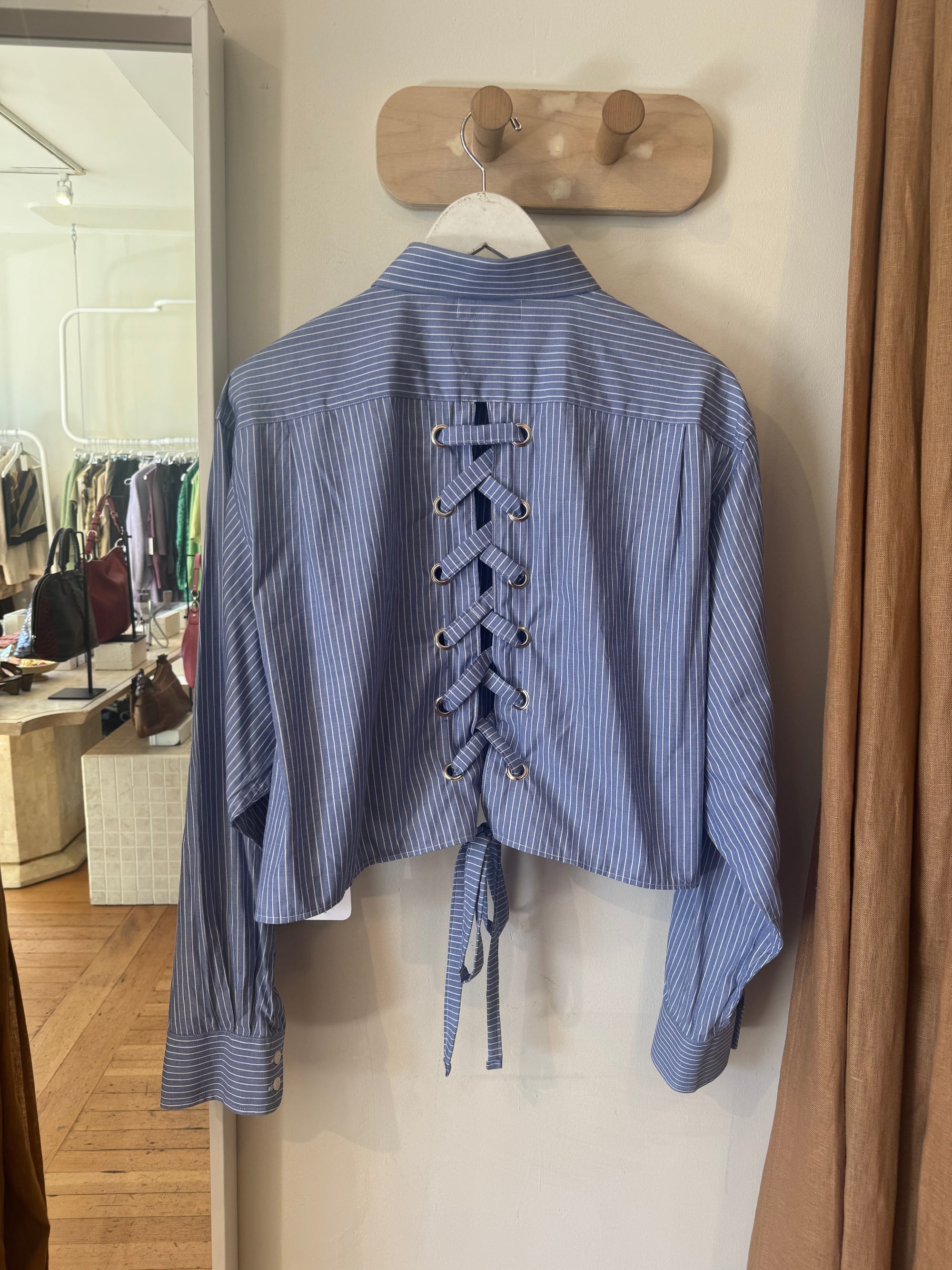 The Still Life | Maude Top in Lace-Up Blue Stripe - Hey Jude