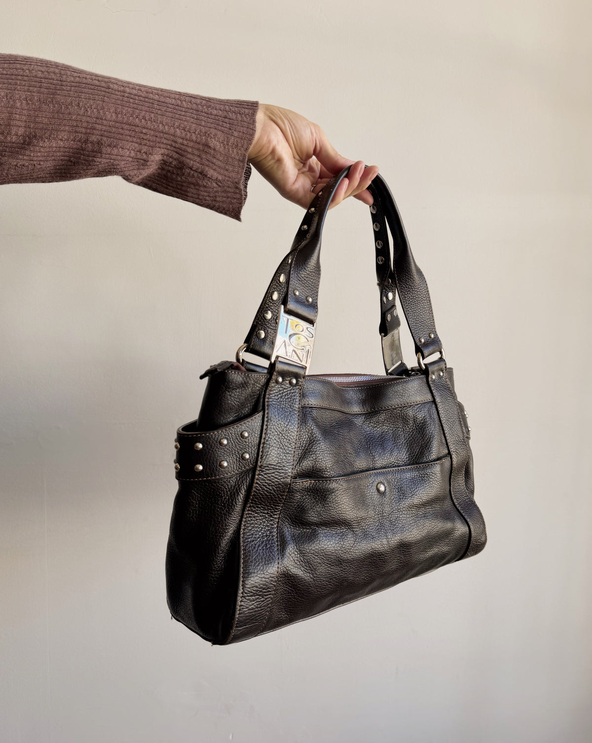 Dark Chocolate Studded Leather Bag