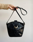 Black Croc-Embossed Leather Shoulder Bag