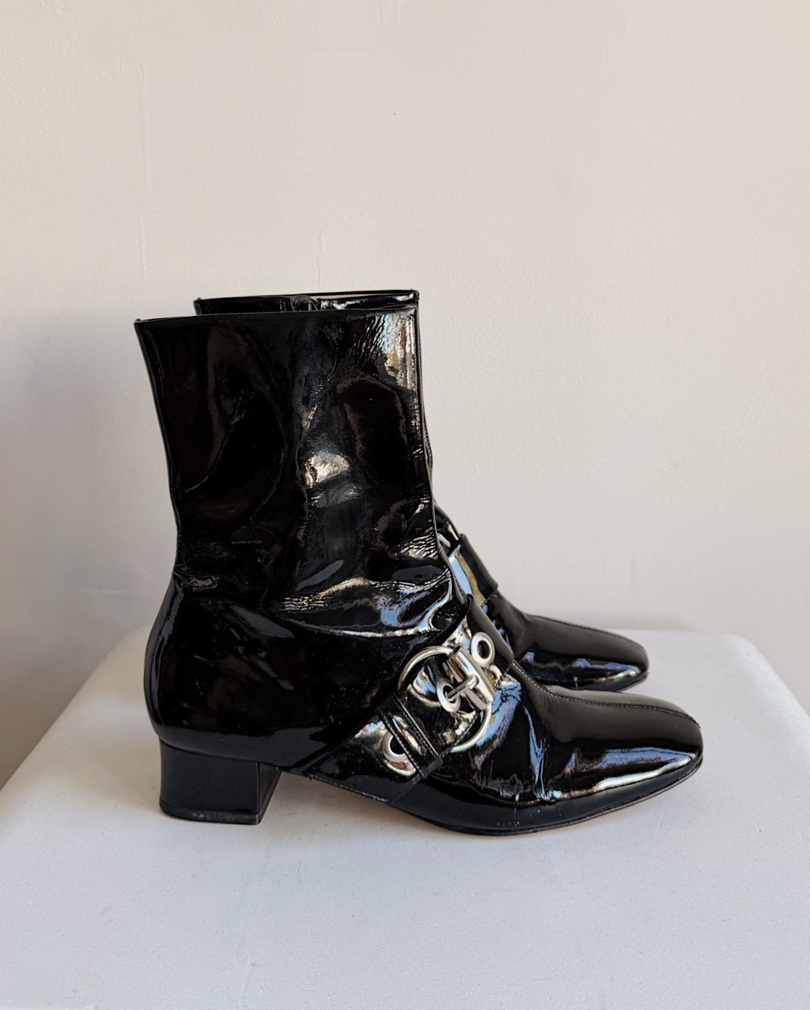 Ink Patent Leather Ankle Boots | Size 8.5