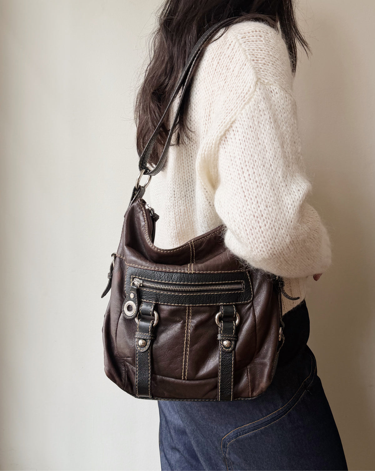 Chocolate Brown + Black Zipped Utility Leather Crossbody