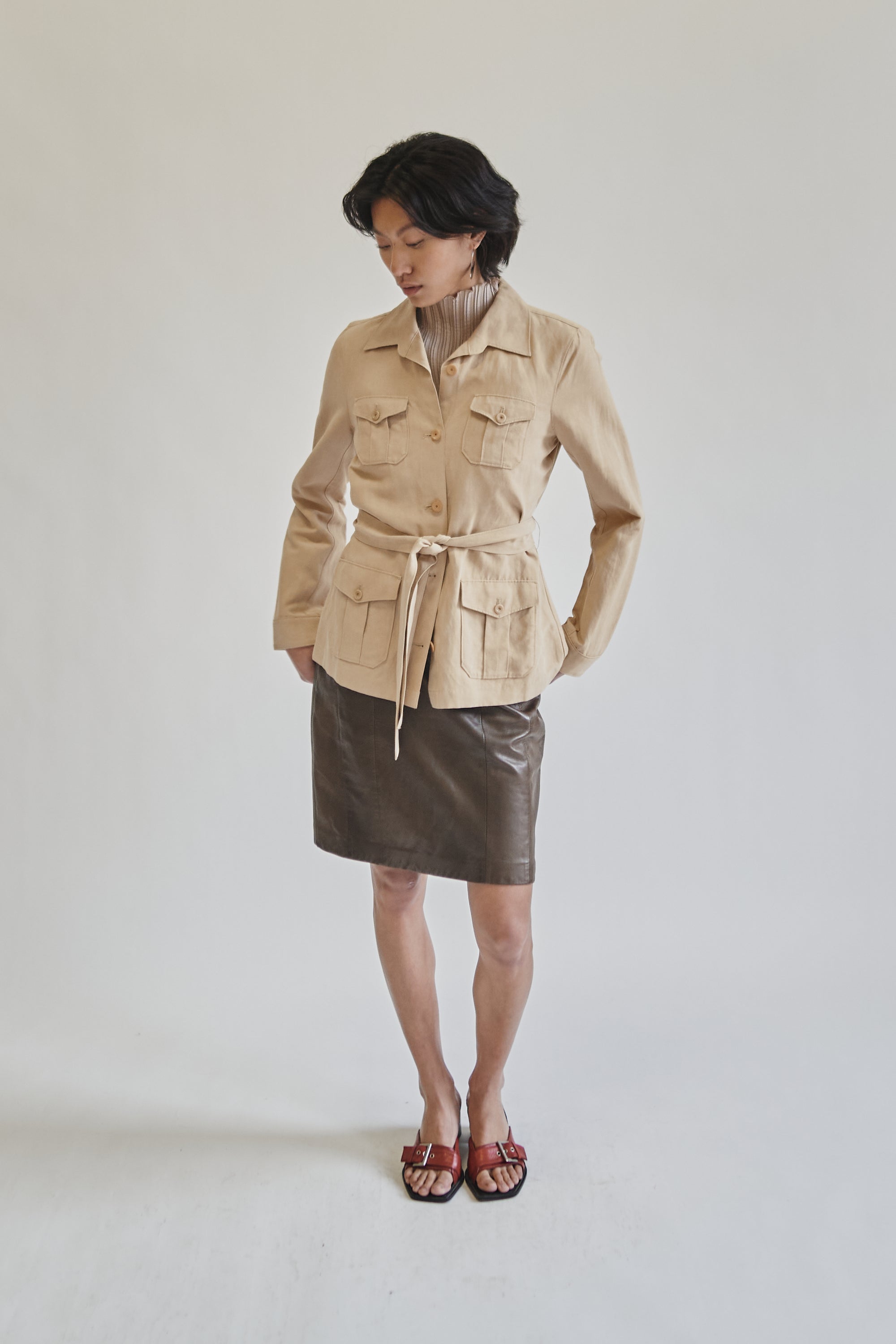 Camel Silk Belted Utility Jacket - Hey Jude