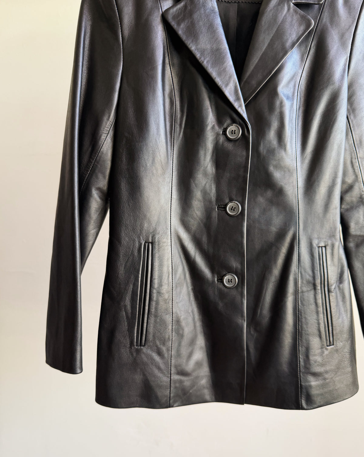 Black Leather 3-Button Blazer Jacket - Hey Jude