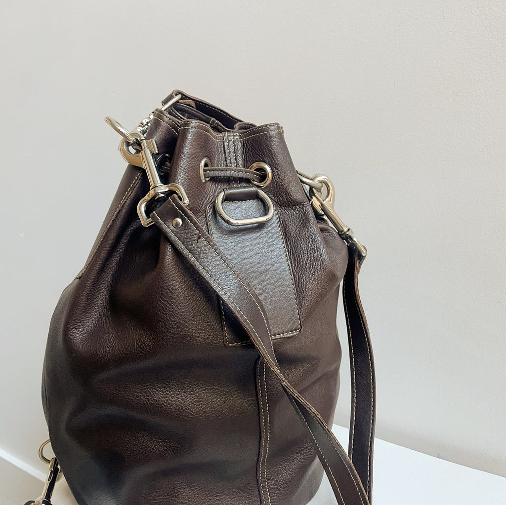 Cacao Leather Convertible Bucket Bag
