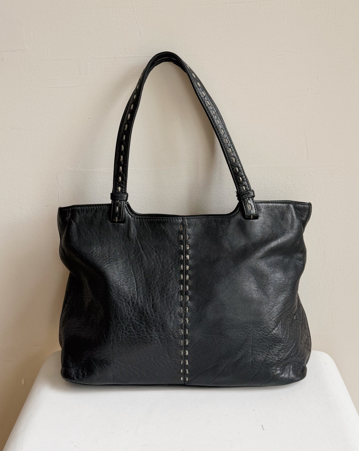 Soft Black Whipstitch Shoulder Tote
