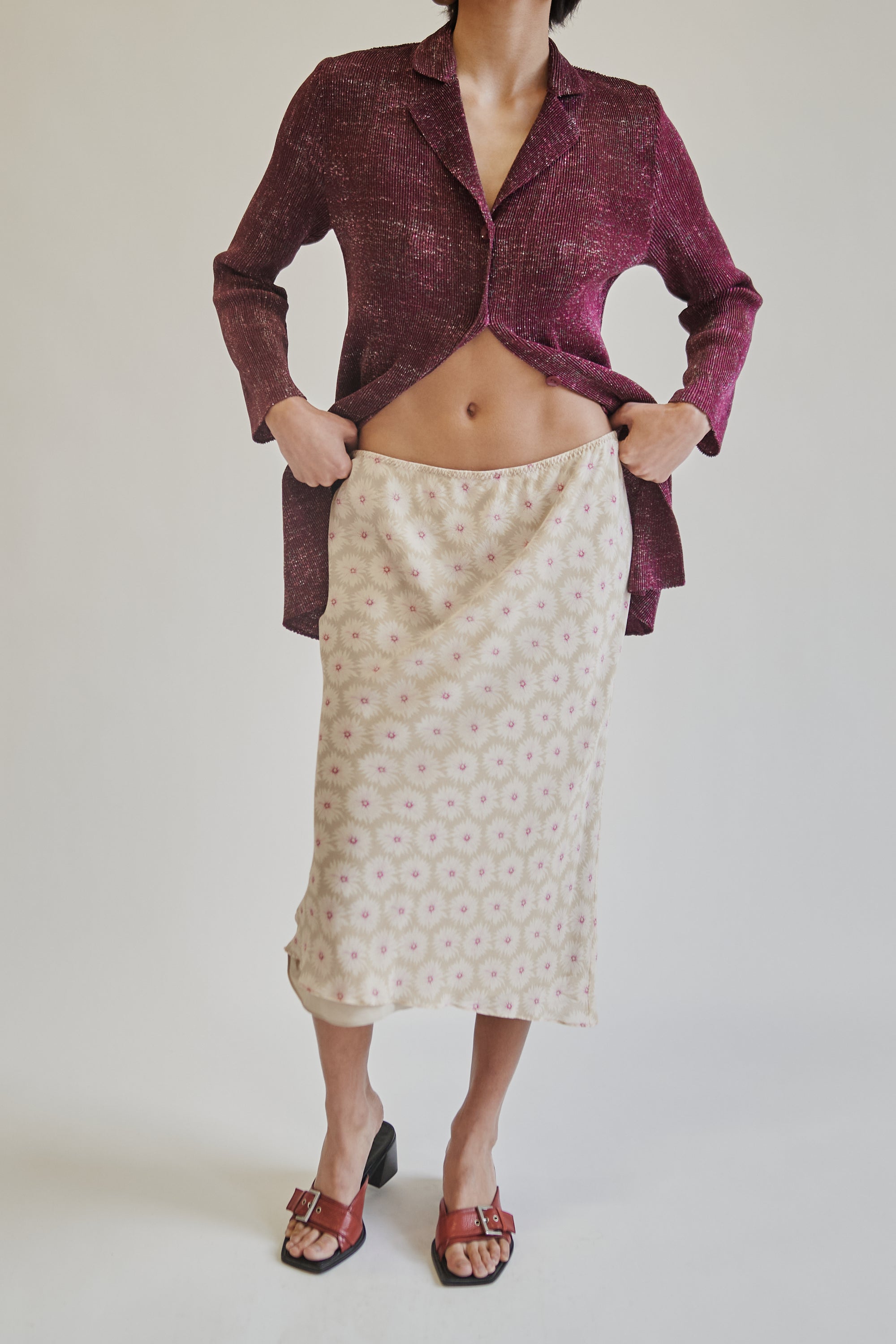 Sand Floral Silk Print Midi Skirt