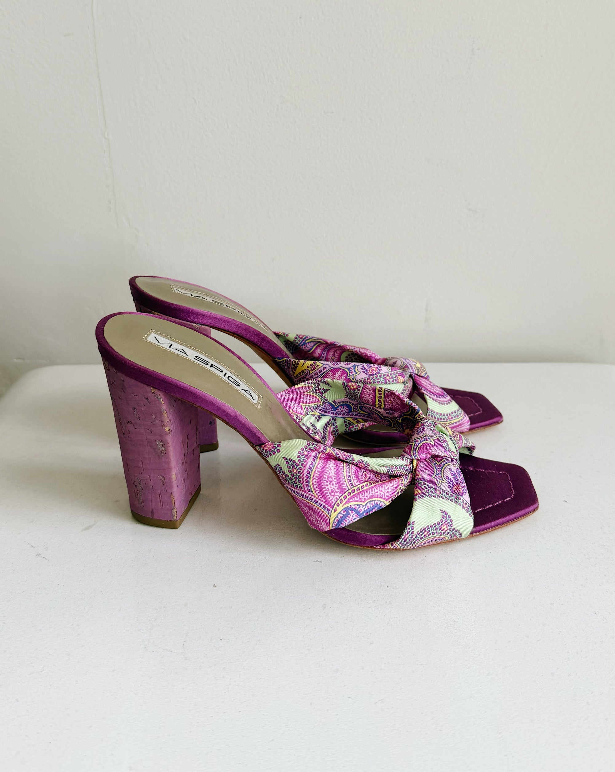 Magenta Paisley Satin Knotted Mules | Size 6