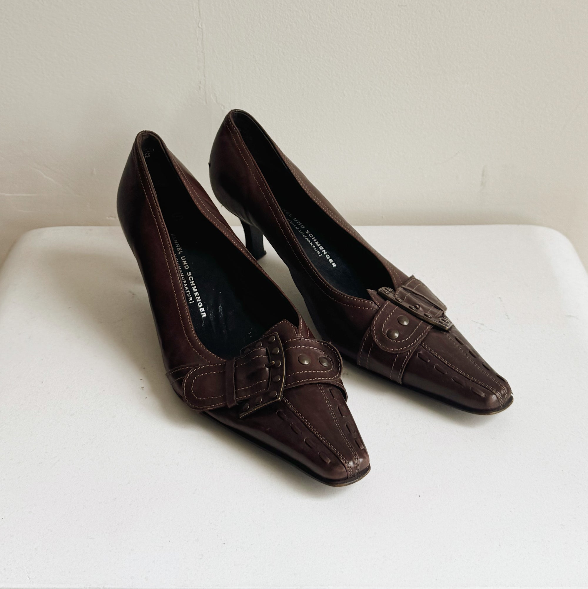 Brown Buckle Pointed Leather Pumps | Size 7